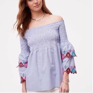 LOFT Fiesta Striped Off The Shoulder Top Blue SP
